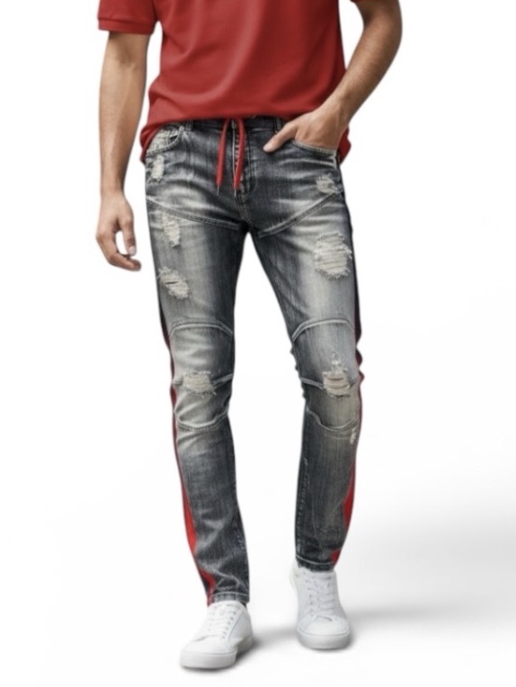 Focus Nwot Slim Fit Blue Distressed Jeans With Red & Purple Stripe